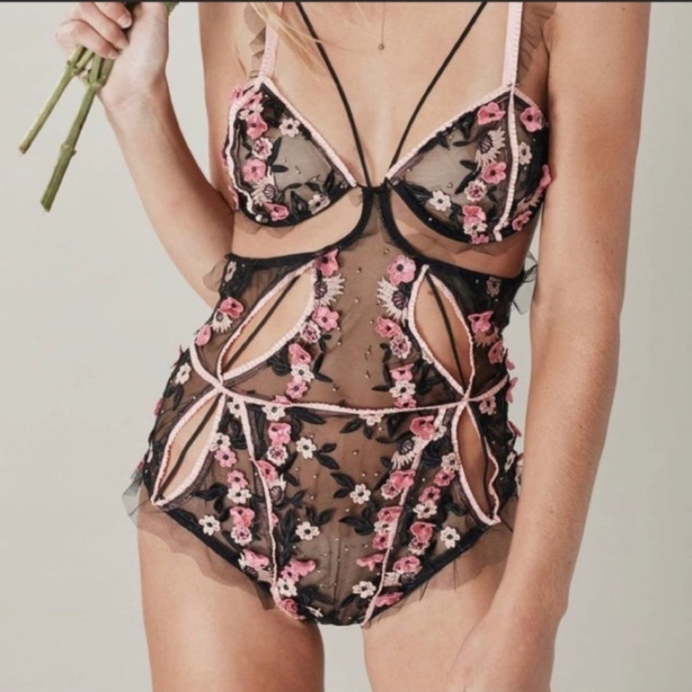 RARE!!! FLL Skivvies Pink/Black Peony Embroidery Teddy Bodysuit Small